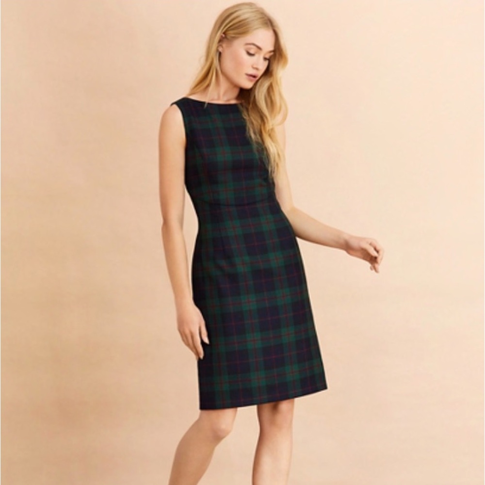 Brooks Brothers Navy and Green Tartan Sleeveless Wool Blend A-Line Dress, size 6